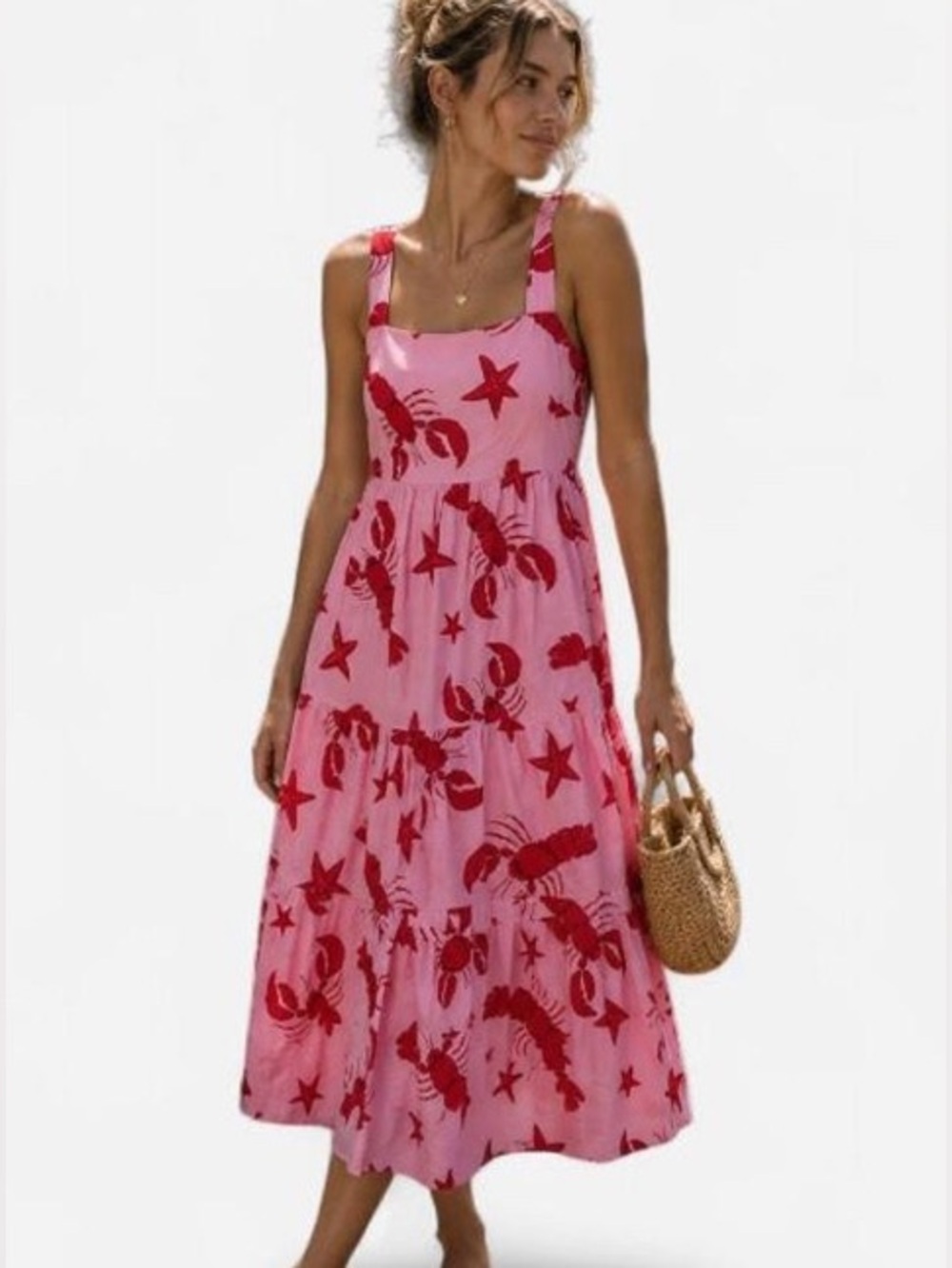 JCREW Lobster NEW midi dress size 6 pink red cotton preppy nautical beach spa